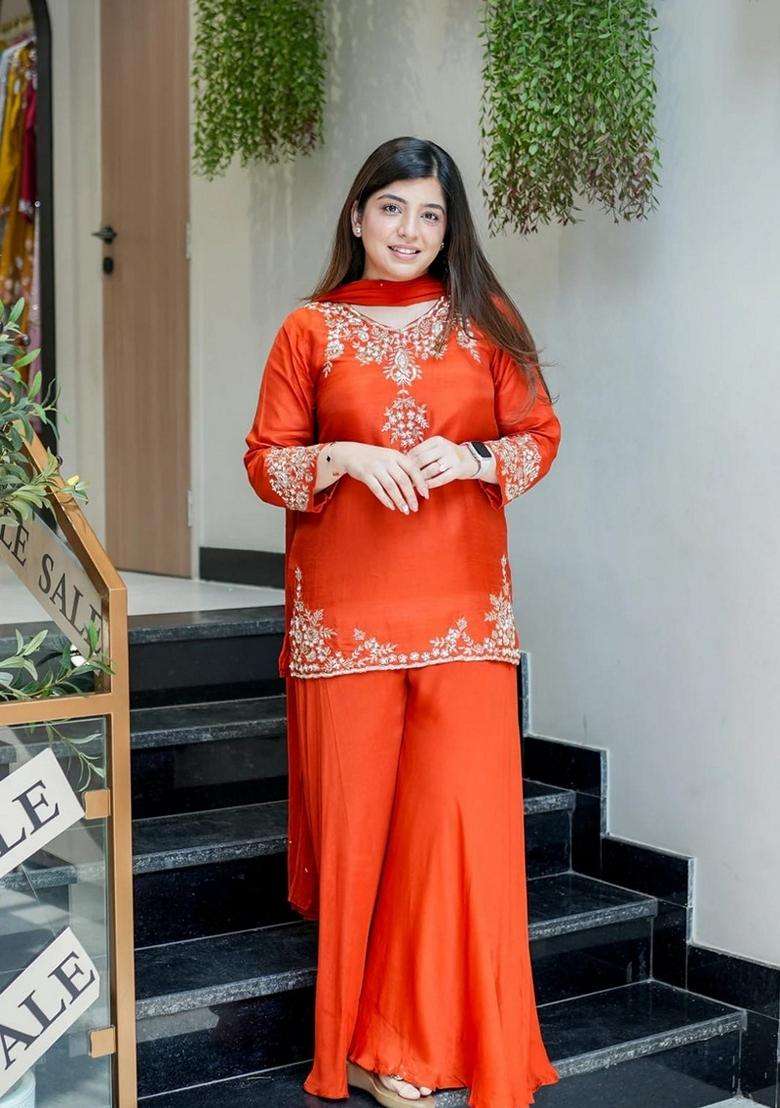 Orange Embroidered Chanderi Sharara Set - Indya