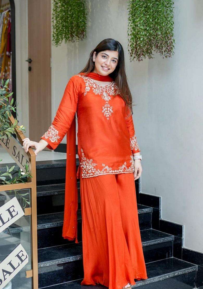 Orange Embroidered Chanderi Sharara Set - Indya
