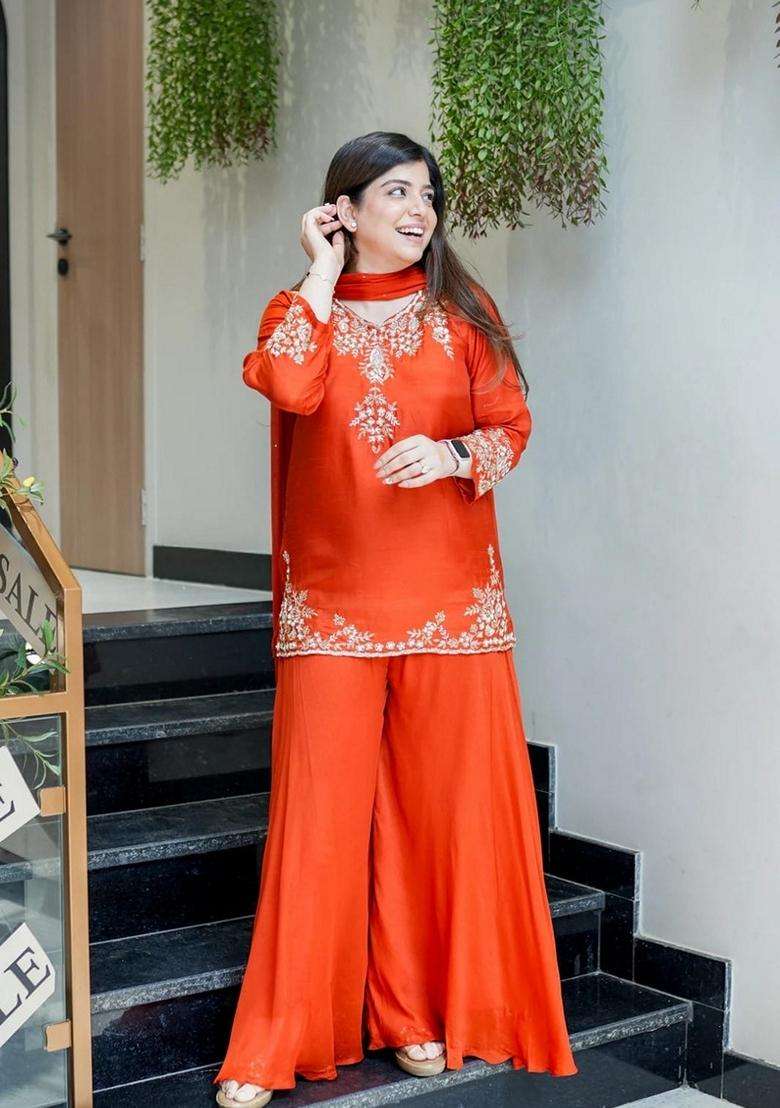 Orange Embroidered Chanderi Sharara Set - Indya