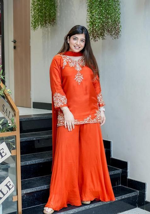Orange Embroidered Chanderi Sharara Set