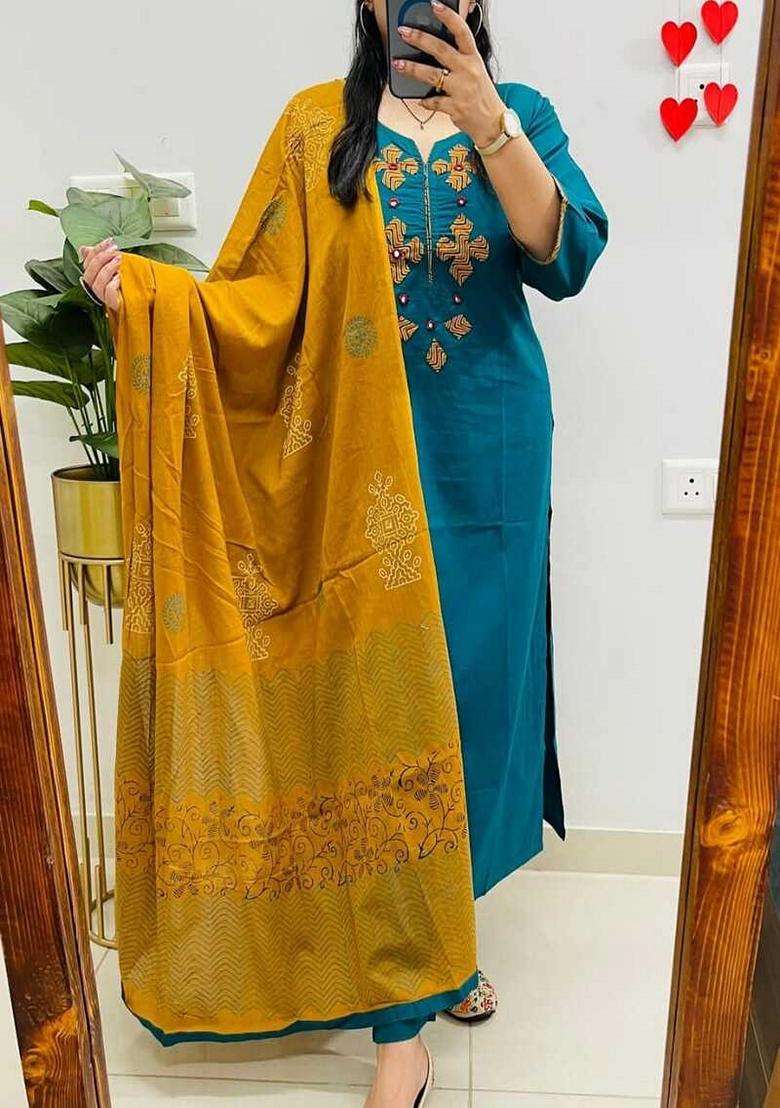 Blue Embroidered Cotton Straight Kurta Set - Indya