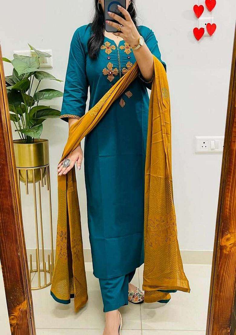 Blue Embroidered Cotton Straight Kurta Set - Indya