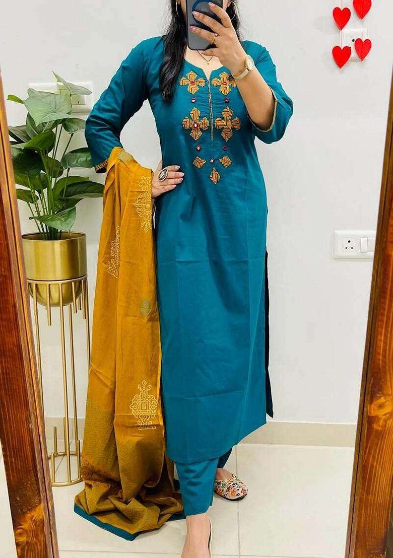 Blue Embroidered Cotton Straight Kurta Set - Indya