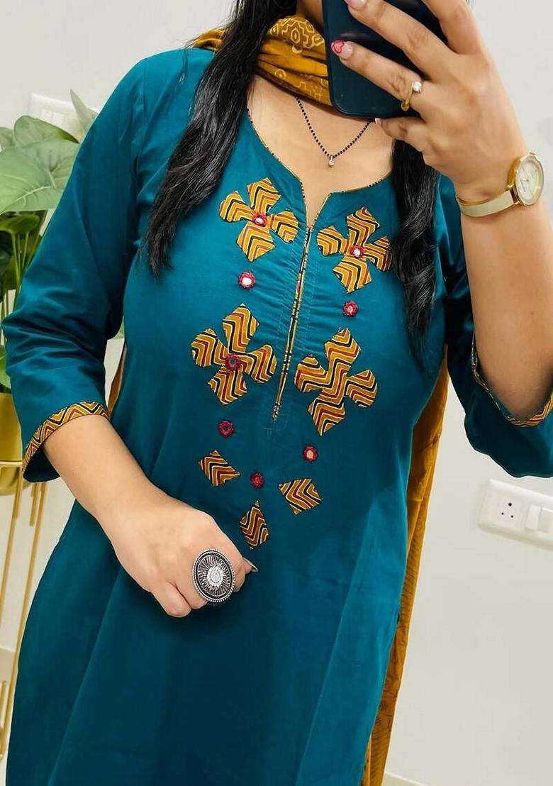 Blue Embroidered Cotton Straight Kurta Set - Indya