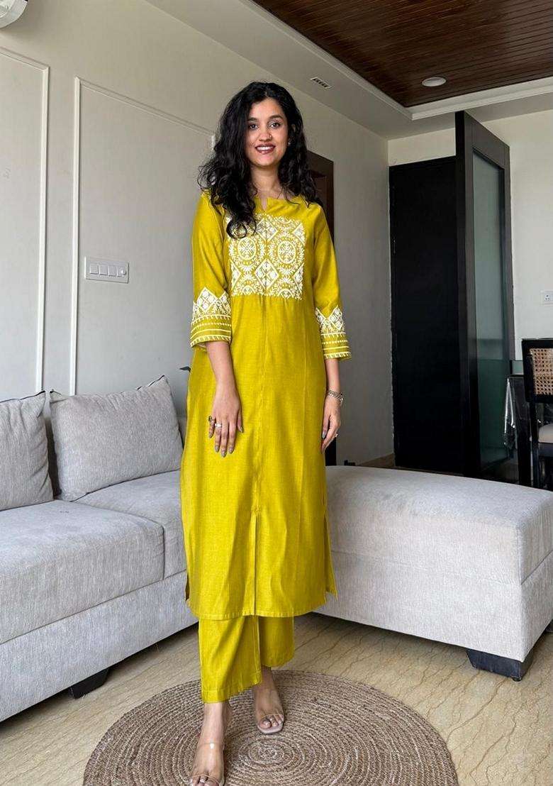 Yellow Embroidered Cotton Straight Kurta Set - Indya