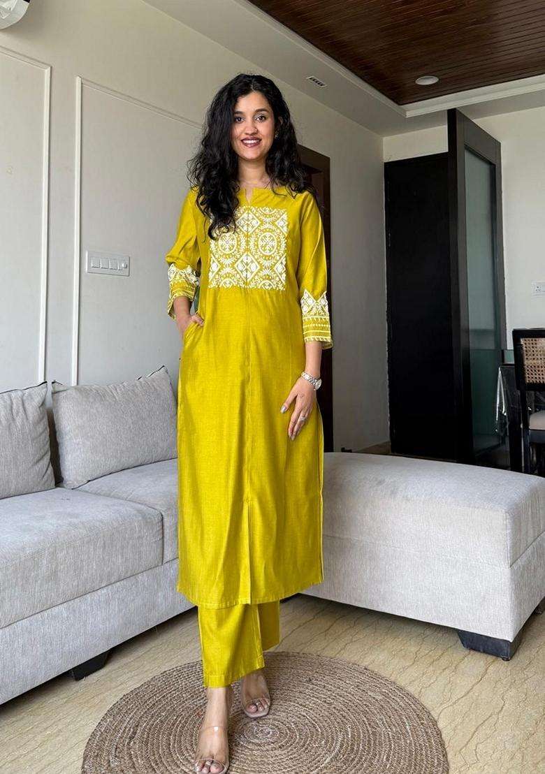 Yellow Embroidered Cotton Straight Kurta Set - Indya