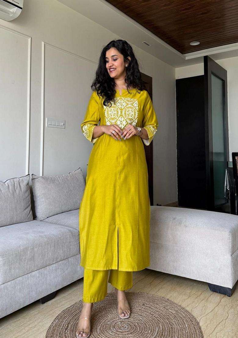 Yellow Embroidered Cotton Straight Kurta Set - Indya
