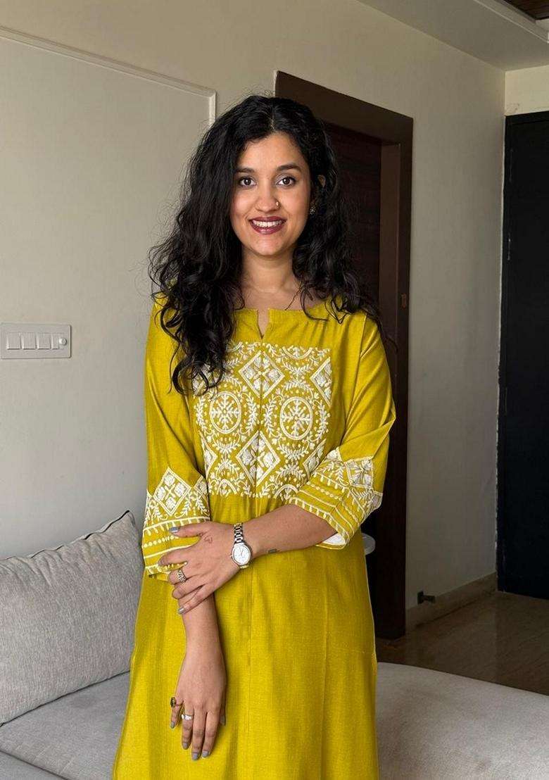Yellow Embroidered Cotton Straight Kurta Set - Indya