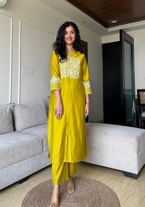 Yellow Embroidered Cotton Straight Kurta Set