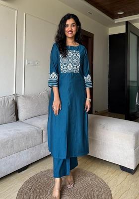 Blue Embroidered Cotton Straight Kurta Set