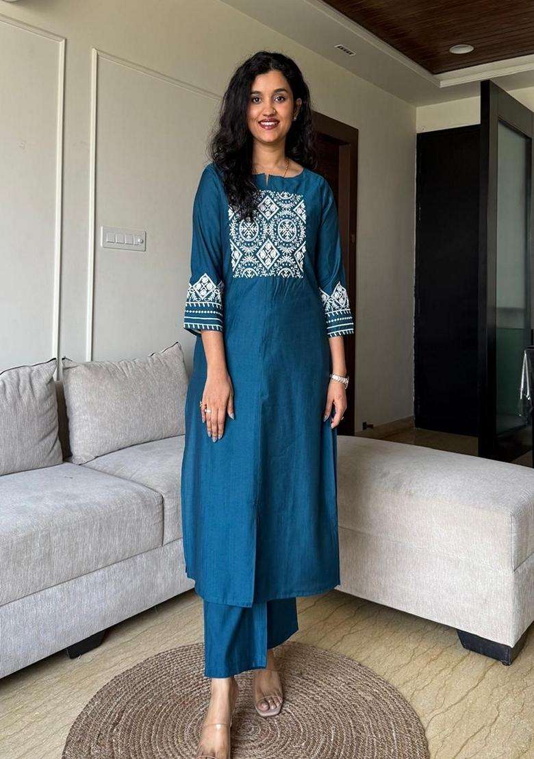 Blue Embroidered Cotton Straight Kurta Set - Indya
