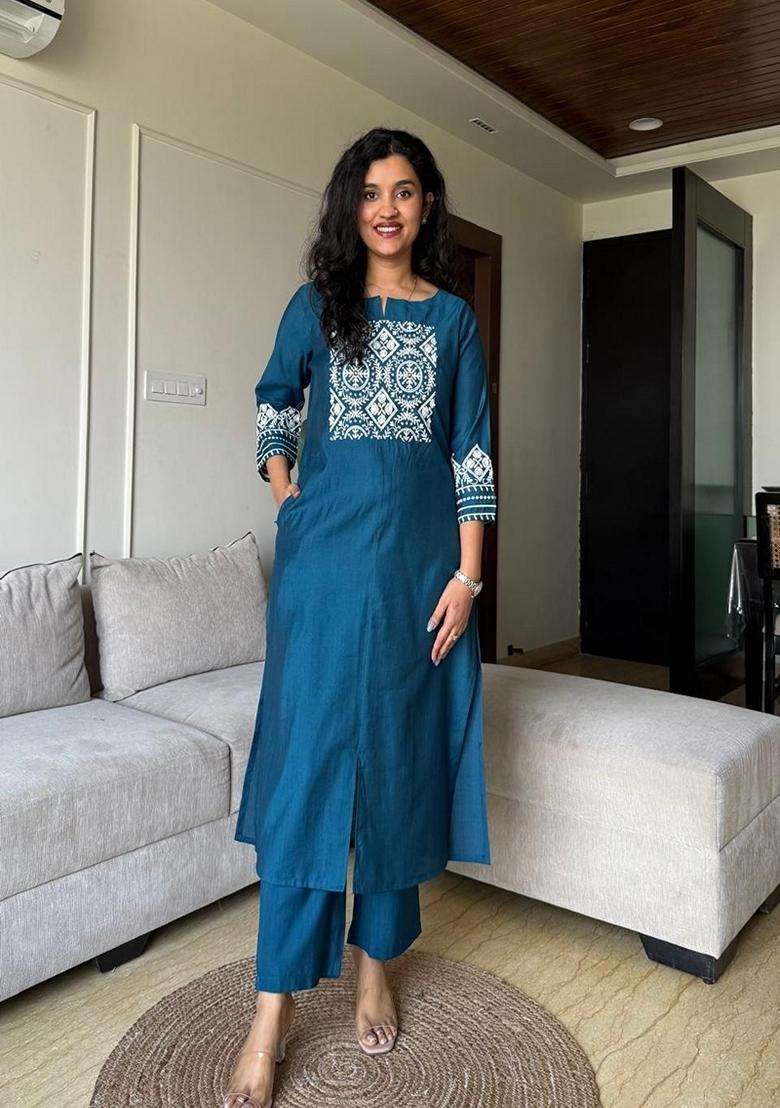 Blue Embroidered Cotton Straight Kurta Set - Indya