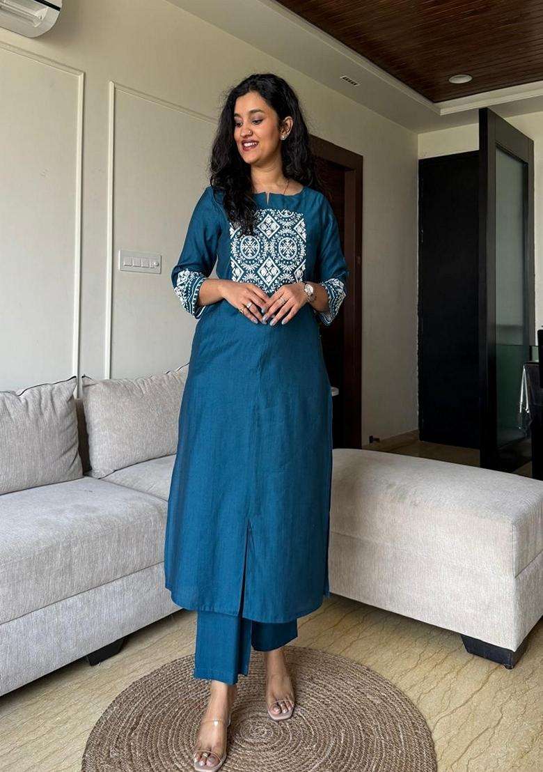 Blue Embroidered Cotton Straight Kurta Set - Indya