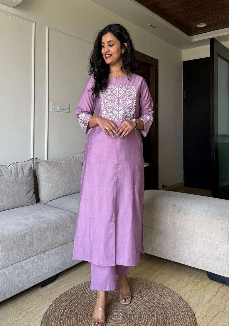 Purple Printed Cotton Kurta Set - Indya