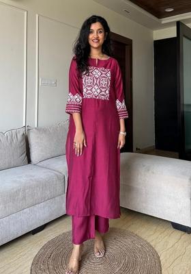 Pink Embroidered Cotton Straight Kurta Set