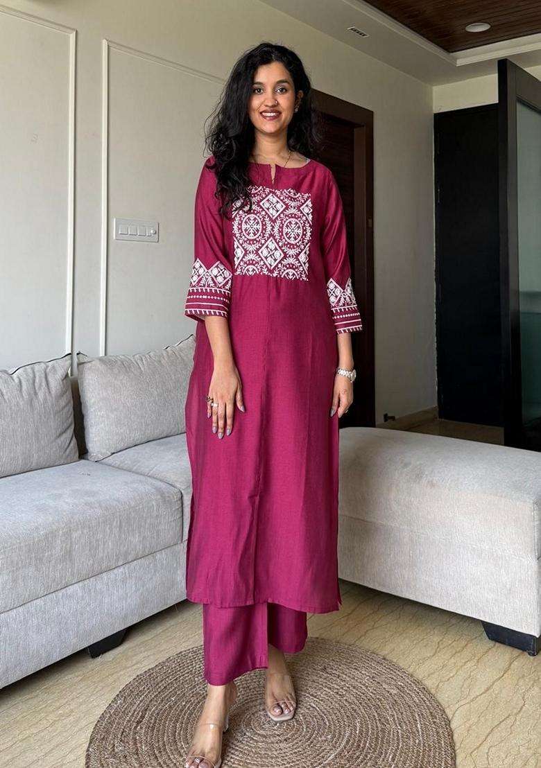 Pink Embroidered Cotton Straight Kurta Set - Indya