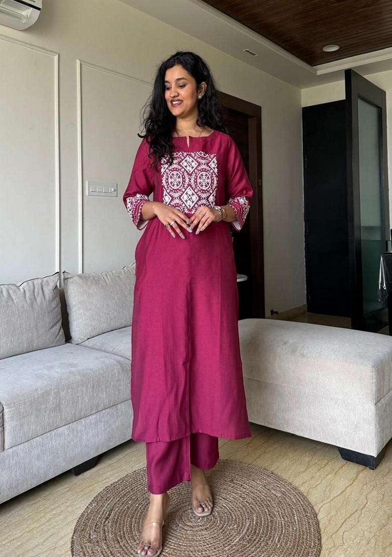 Pink Embroidered Cotton Straight Kurta Set - Indya