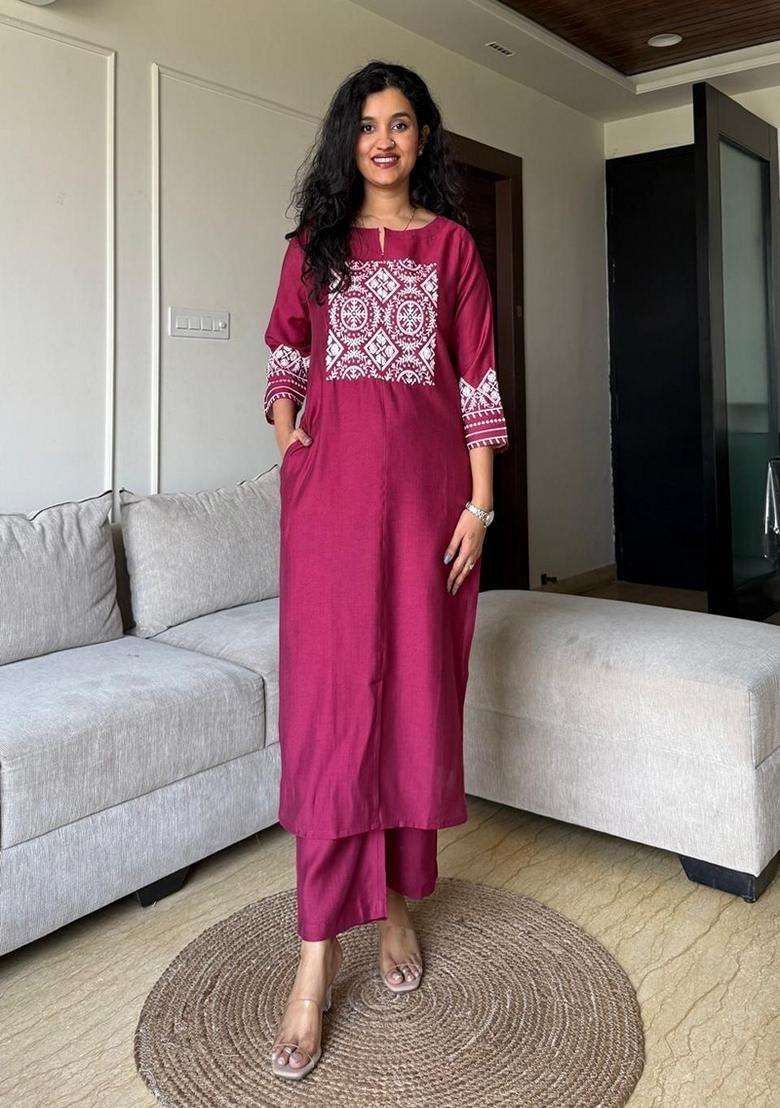 Pink Embroidered Cotton Straight Kurta Set - Indya