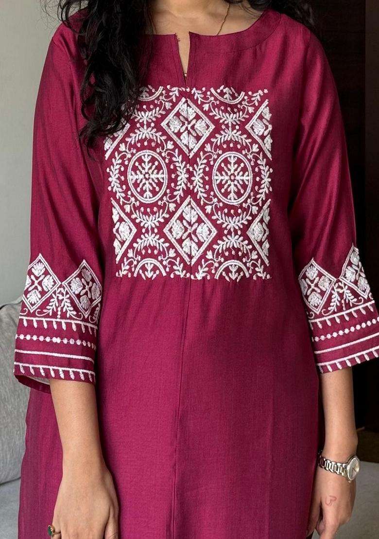 Pink Embroidered Cotton Straight Kurta Set - Indya