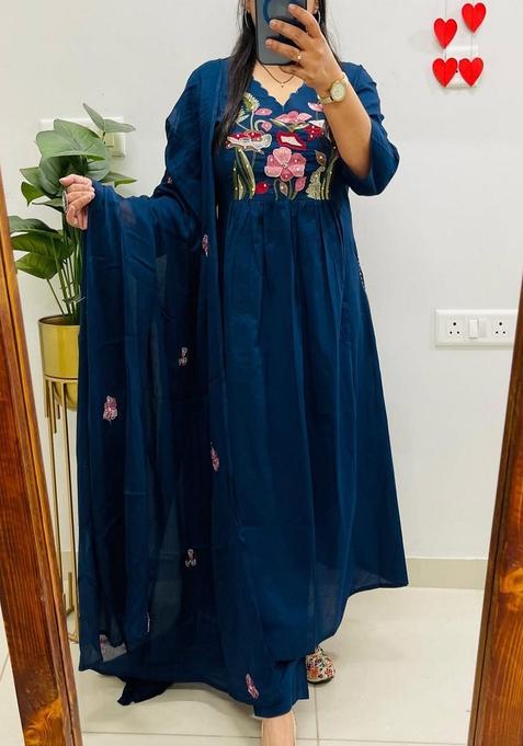 Blue Embroidered Cotton Anarkali Set
