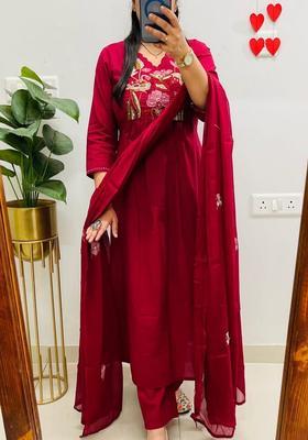 Red Embroidered Cotton Anarkali Set