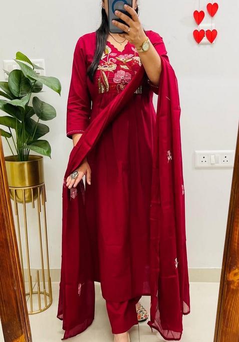 Red Embroidered Cotton Anarkali Set