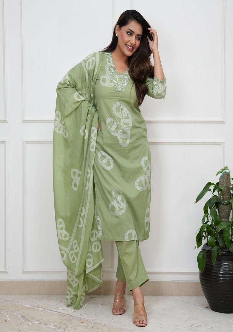 Green Bandhani Cotton Straight Kurta Set - Indya