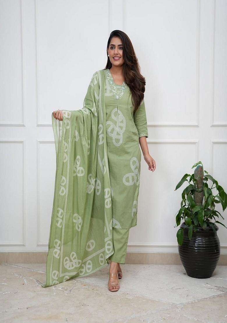 Green Bandhani Cotton Straight Kurta Set - Indya