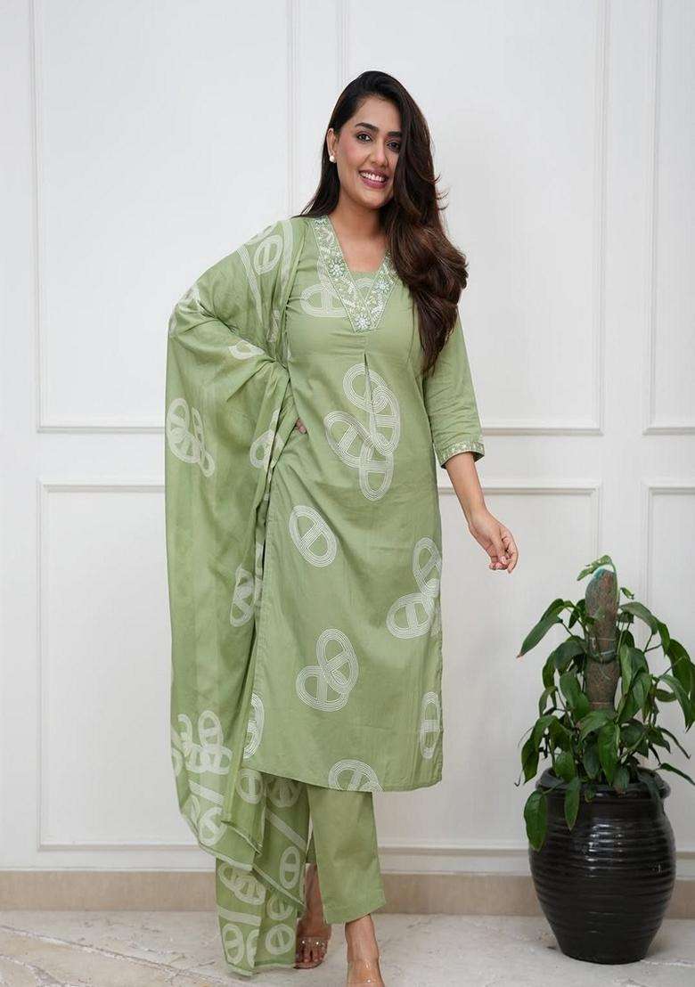 Green Bandhani Cotton Straight Kurta Set - Indya