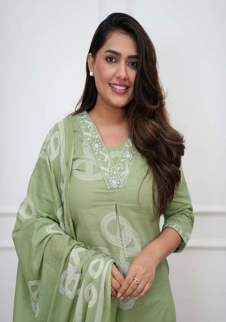 Green Bandhani Cotton Straight Kurta Set - Indya