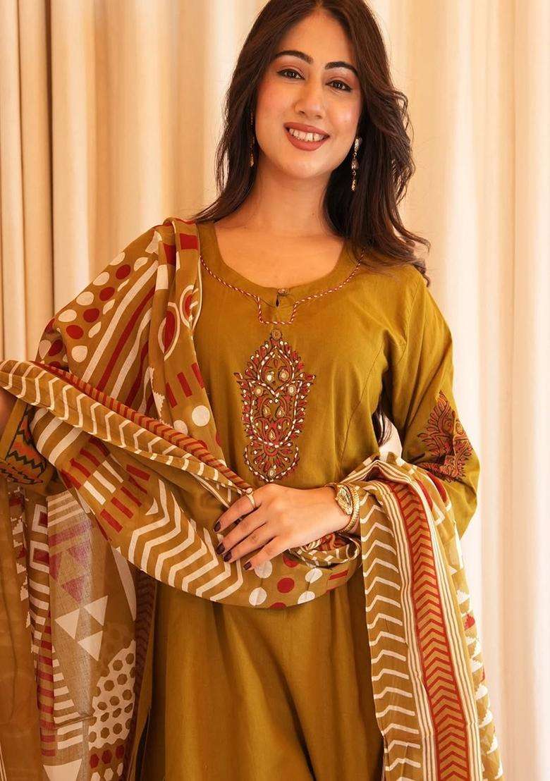 Yellow Solid Cotton Straight Kurta Set - Indya