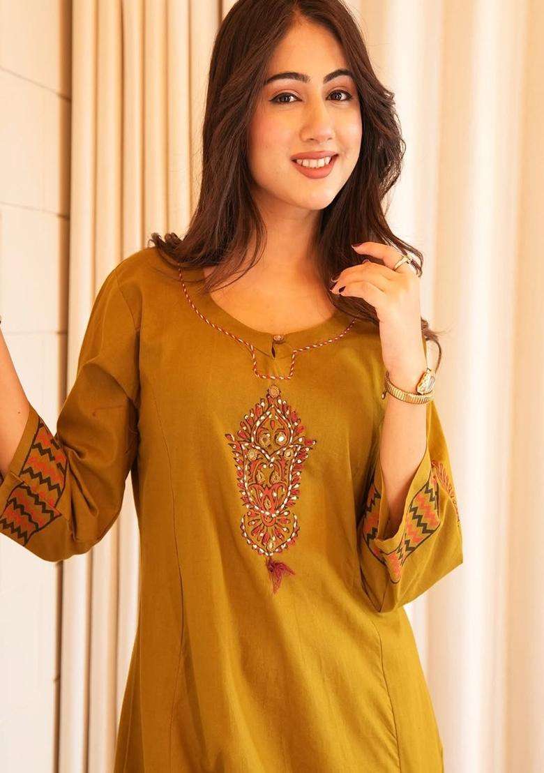 Yellow Solid Cotton Straight Kurta Set - Indya