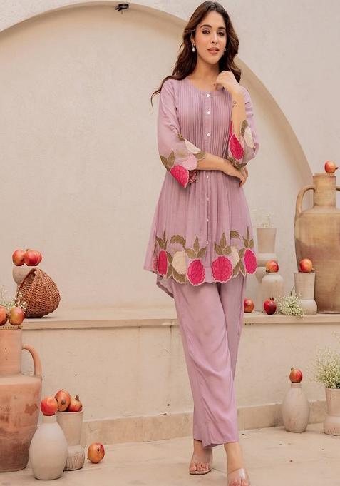 Pink Embroidery Chanderi Co Ord Set