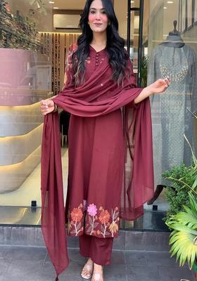 Maroon Embroidered Cotton Straight Kurta Set