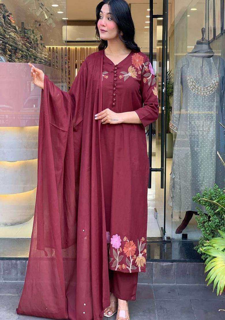 Maroon Embroidered Cotton Straight Kurta Set - Indya