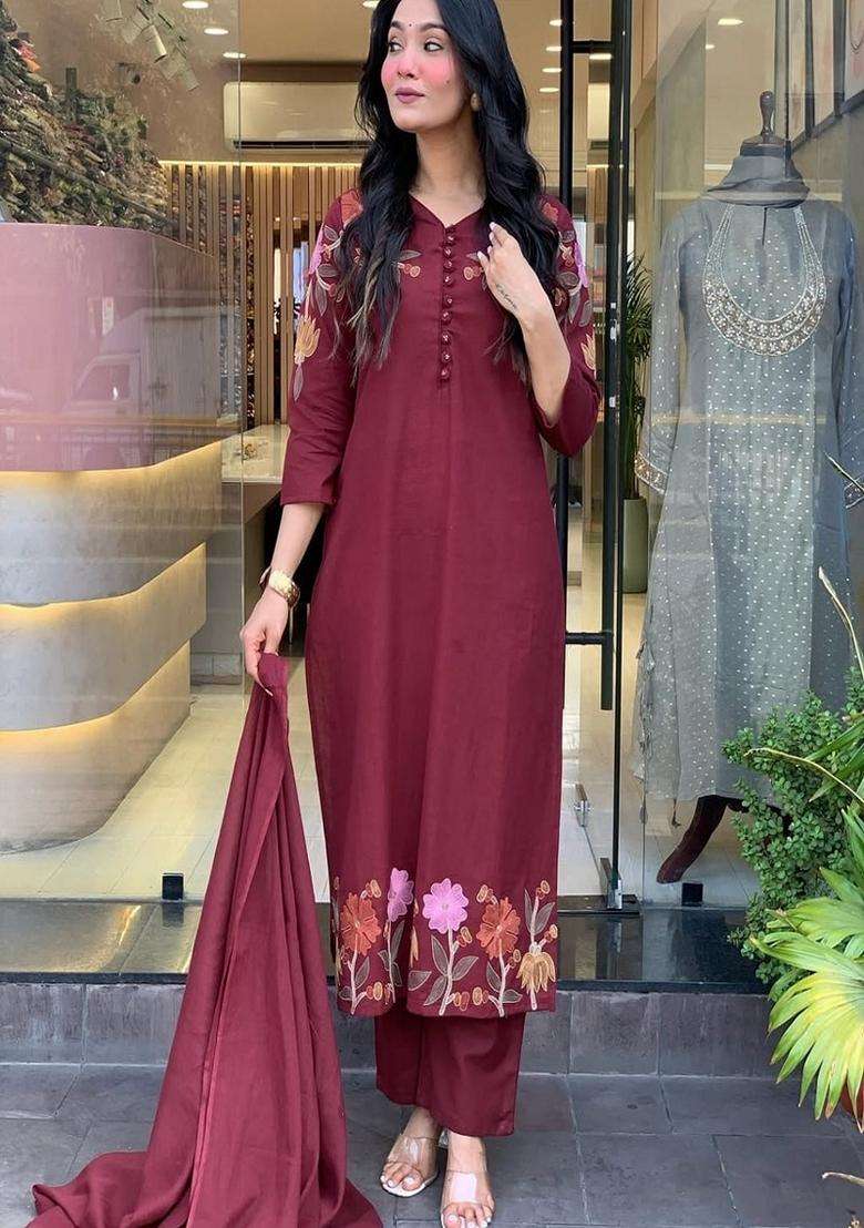Maroon Embroidered Cotton Straight Kurta Set - Indya