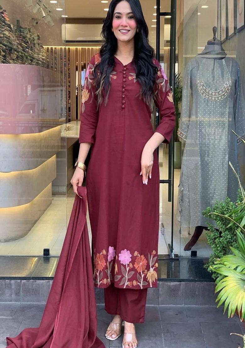 Maroon Embroidered Cotton Straight Kurta Set - Indya