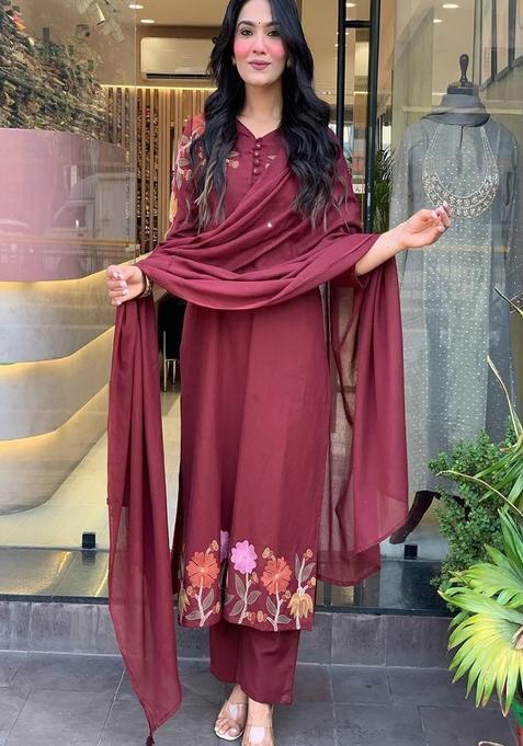 Maroon Embroidered Cotton Straight Kurta Set