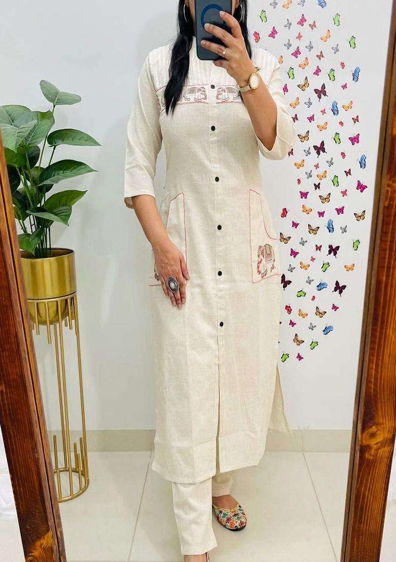 White Embroidered Cotton Straight Kurta Set - Indya