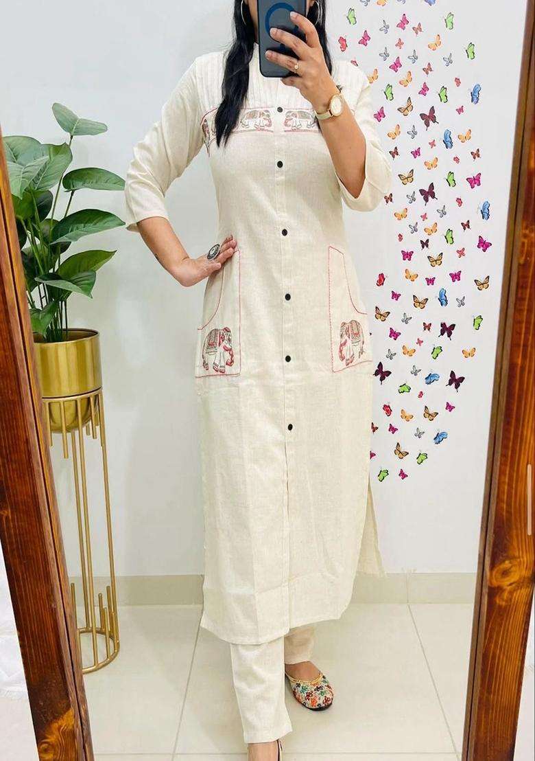 White Embroidered Cotton Straight Kurta Set - Indya