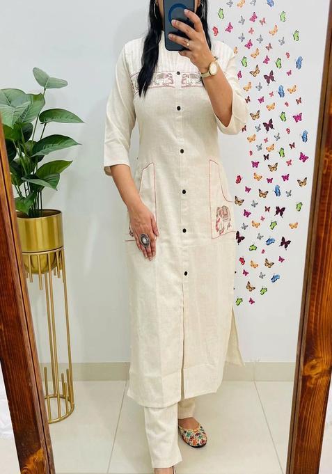 White Embroidered Cotton Straight Kurta Set