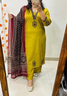 Yellow Embroidered Cotton Straight Kurta Set