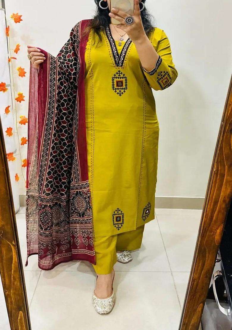 Yellow Embroidered Cotton Straight Kurta Set - Indya