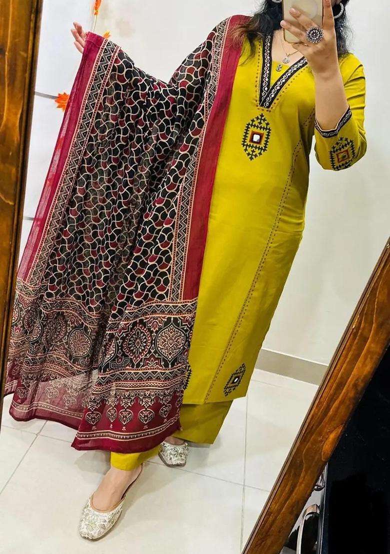 Yellow Embroidered Cotton Straight Kurta Set - Indya