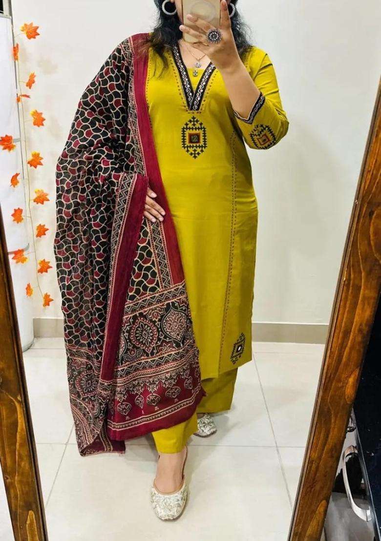 Yellow Embroidered Cotton Straight Kurta Set - Indya