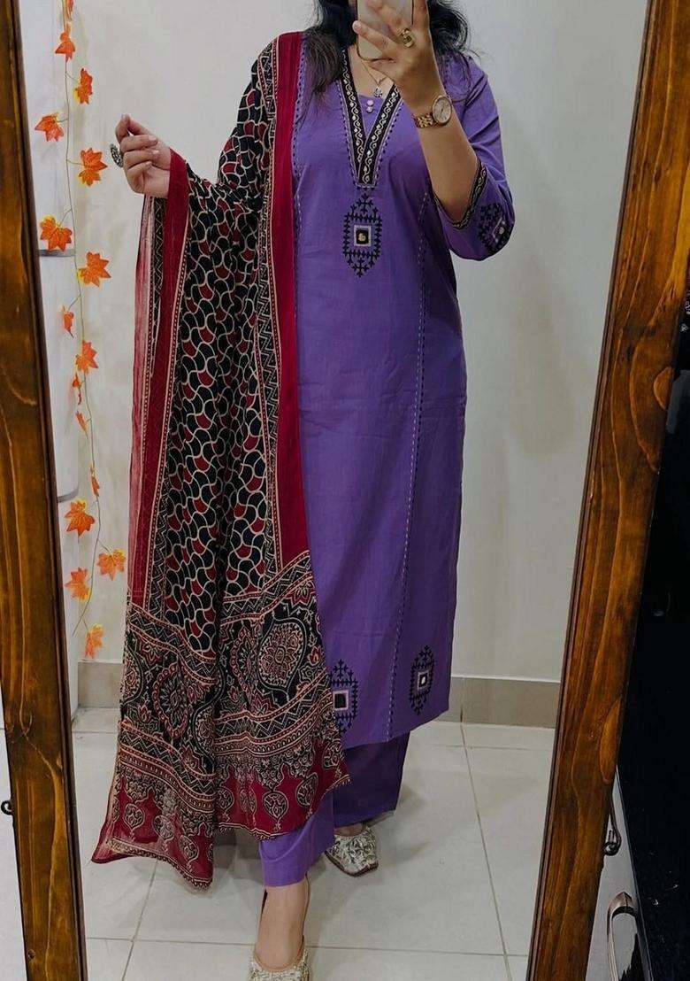 Purple Embroidered Cotton Straight Kurta Set - Indya