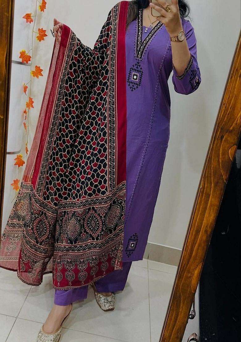 Purple Embroidered Cotton Straight Kurta Set - Indya