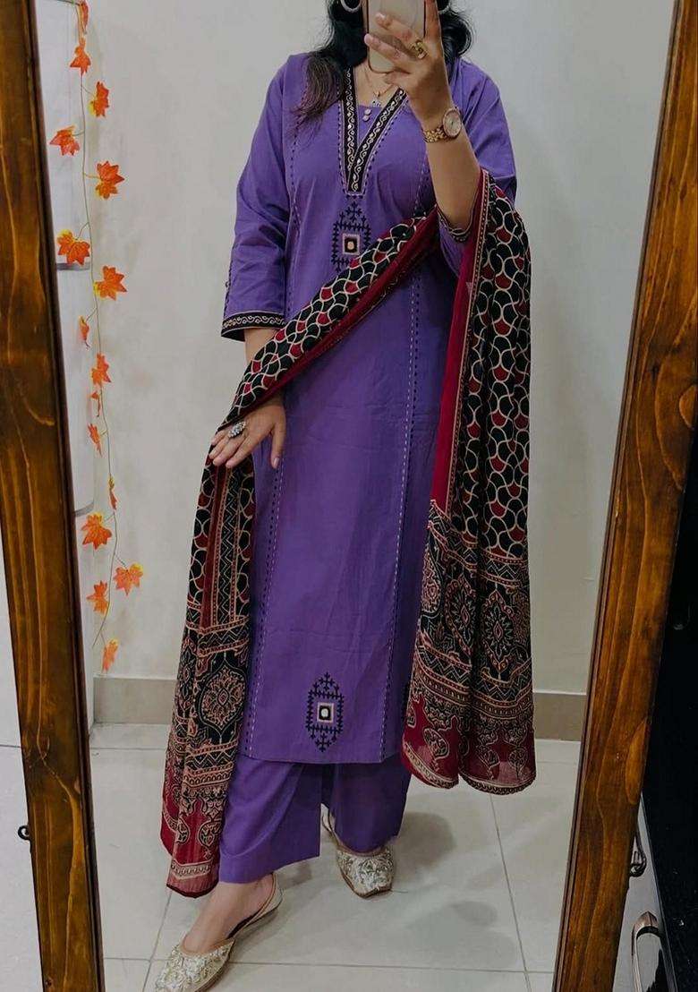 Purple Embroidered Cotton Straight Kurta Set - Indya
