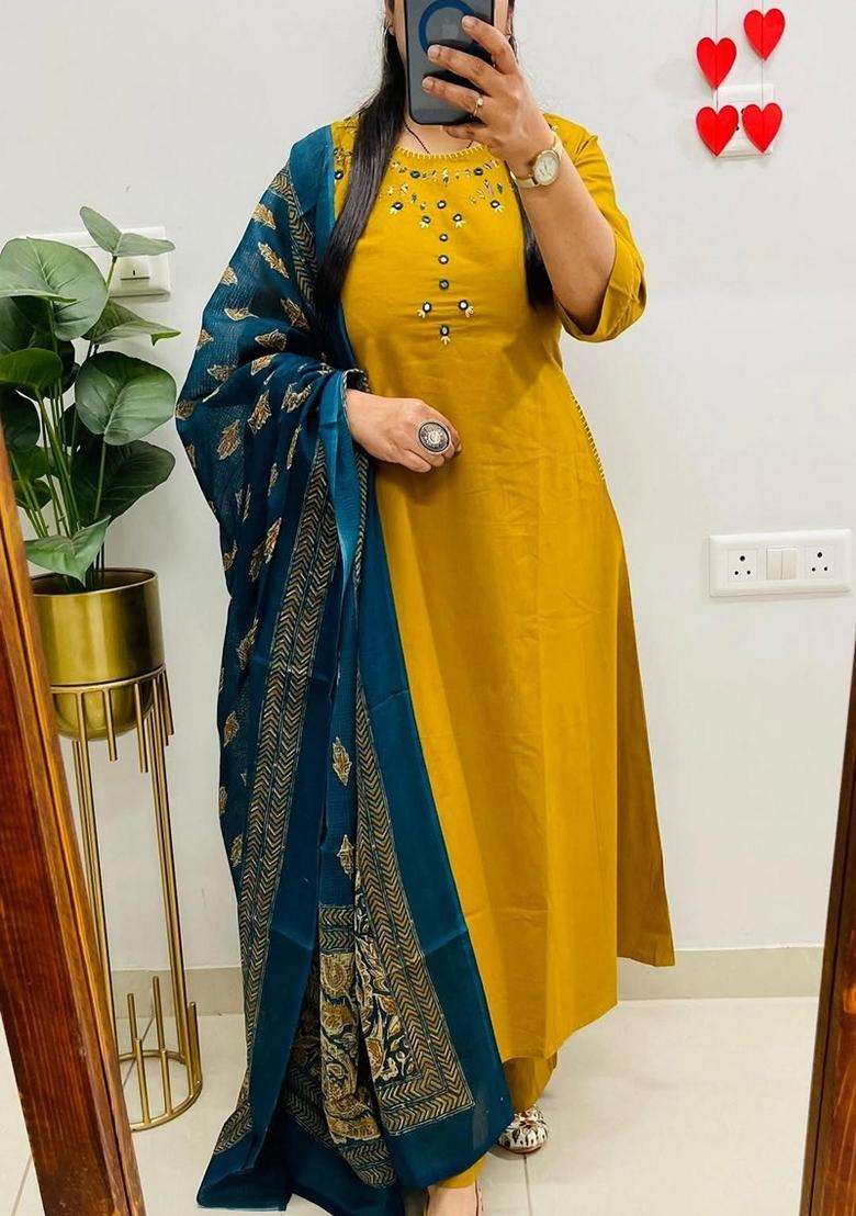 Yellow Embroidered Cotton Straight Kurta Set - Indya