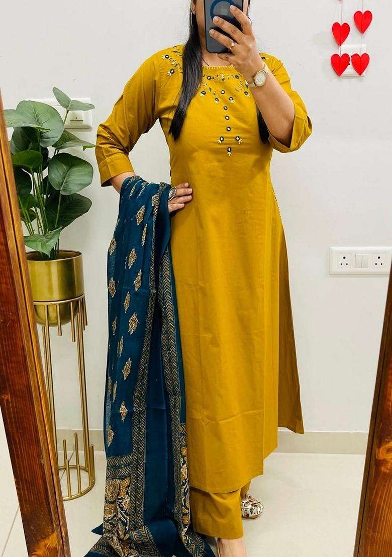 Yellow Embroidered Cotton Straight Kurta Set - Indya